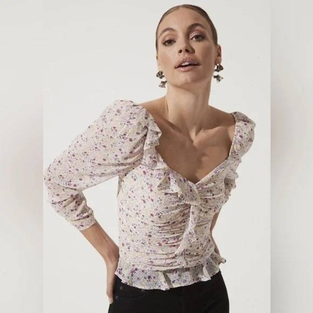 ASTR‎ the Label Floral Ruched Ruffle Long Sleeve Top XS